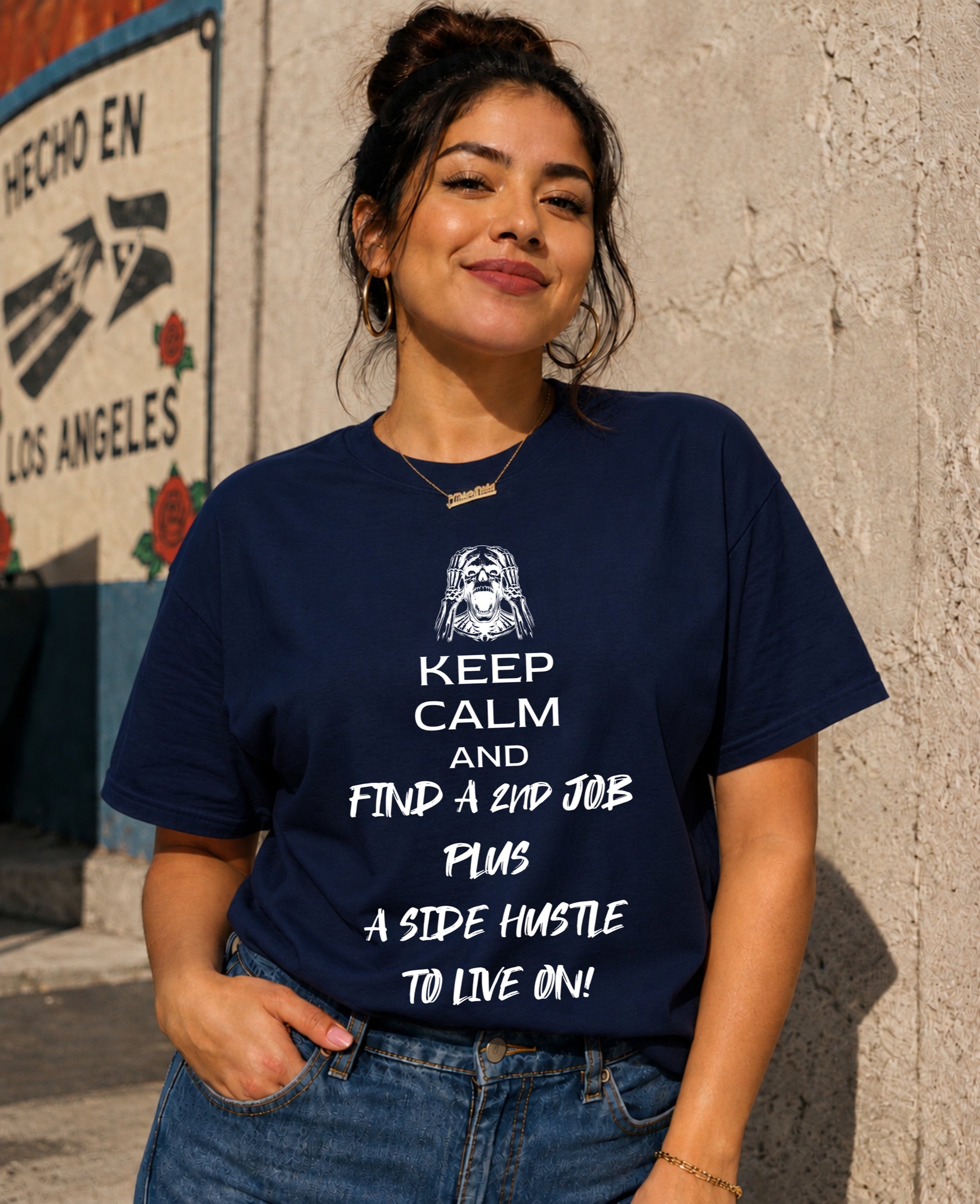 Keep Calm & Find a 2nd Job T-Shirt shown on female model