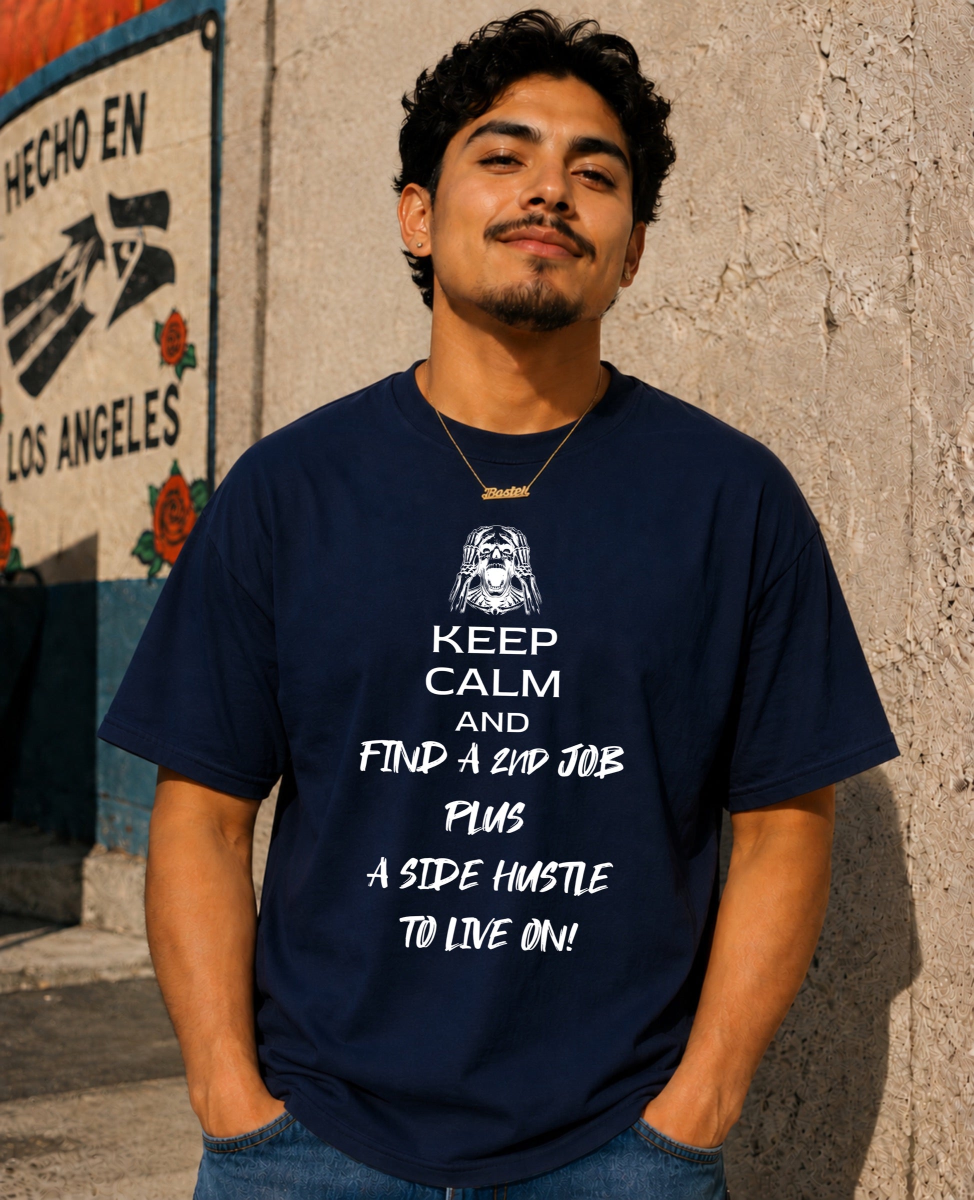 Keep Calm & Find a 2nd Job T-Shirt shown on male model