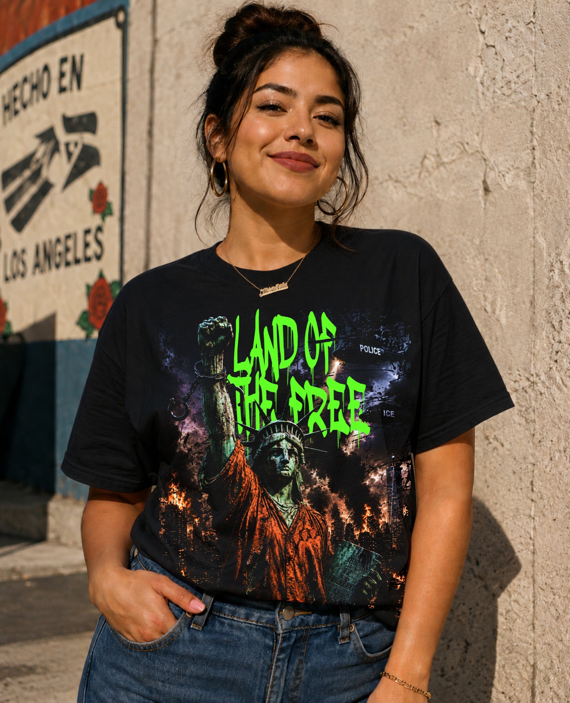 Land of the Free T-Shirt shown on female model