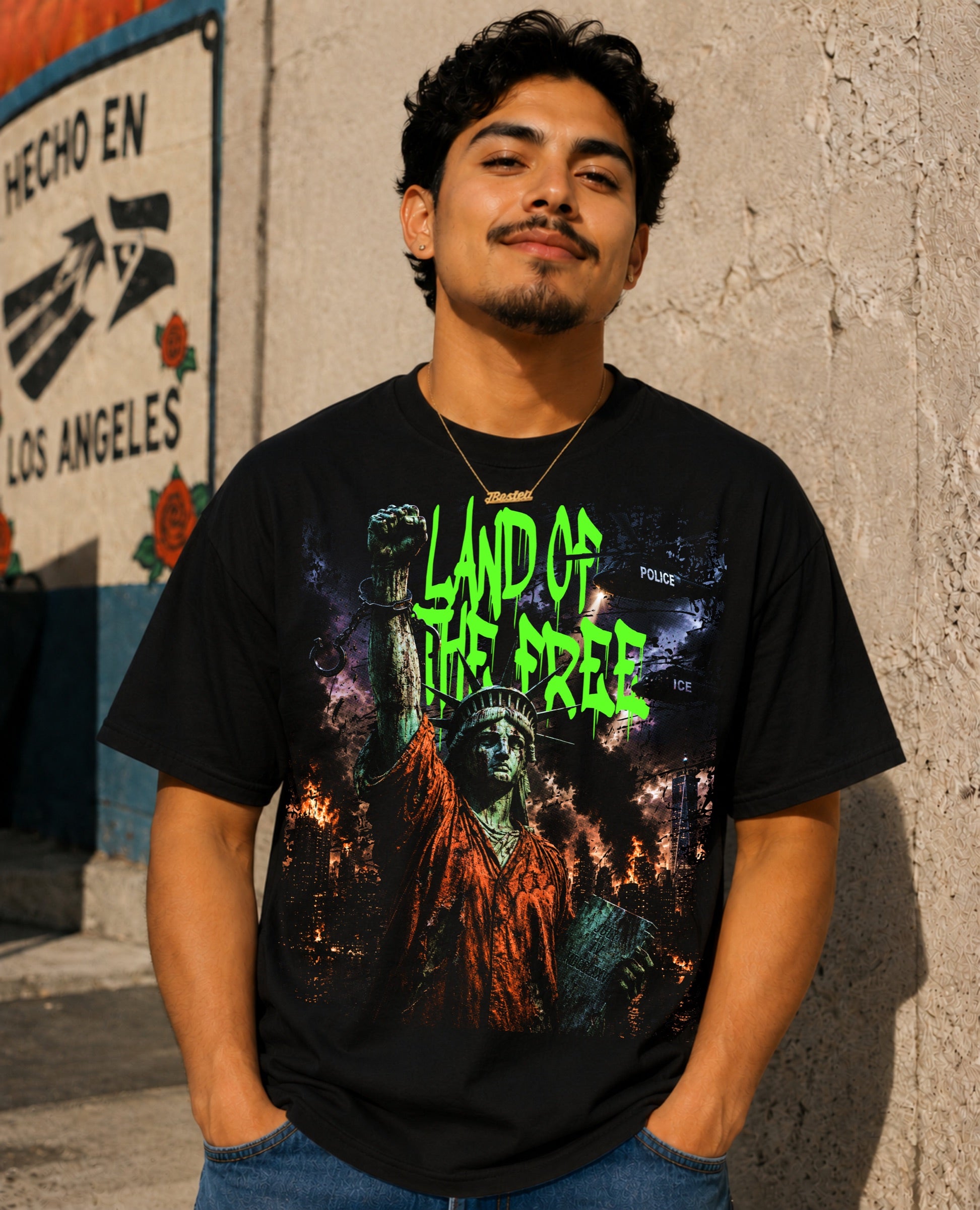 Land of the Free T-Shirt shown on male model