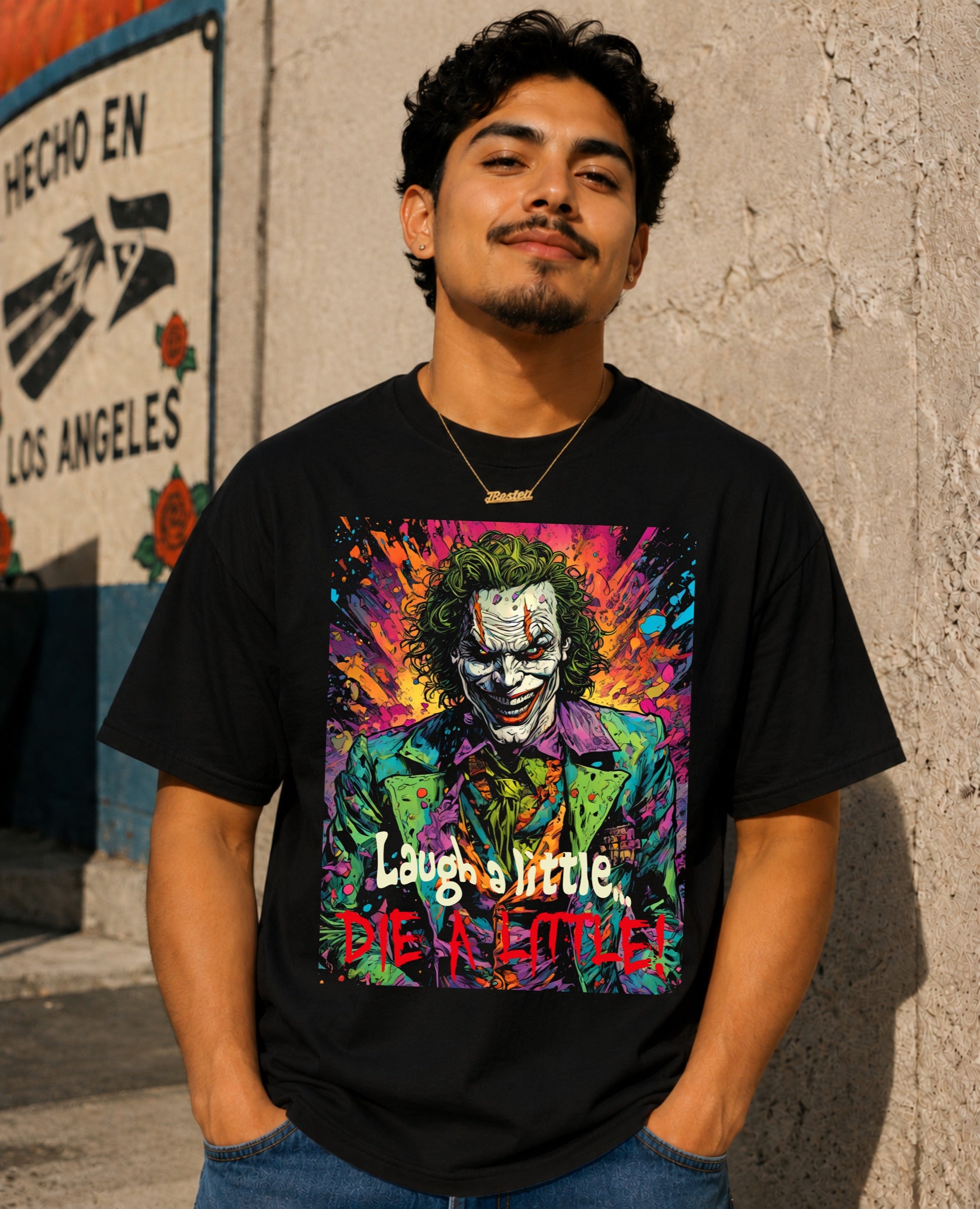 Laugh a Little, Die a Little T-Shirt shown on male model